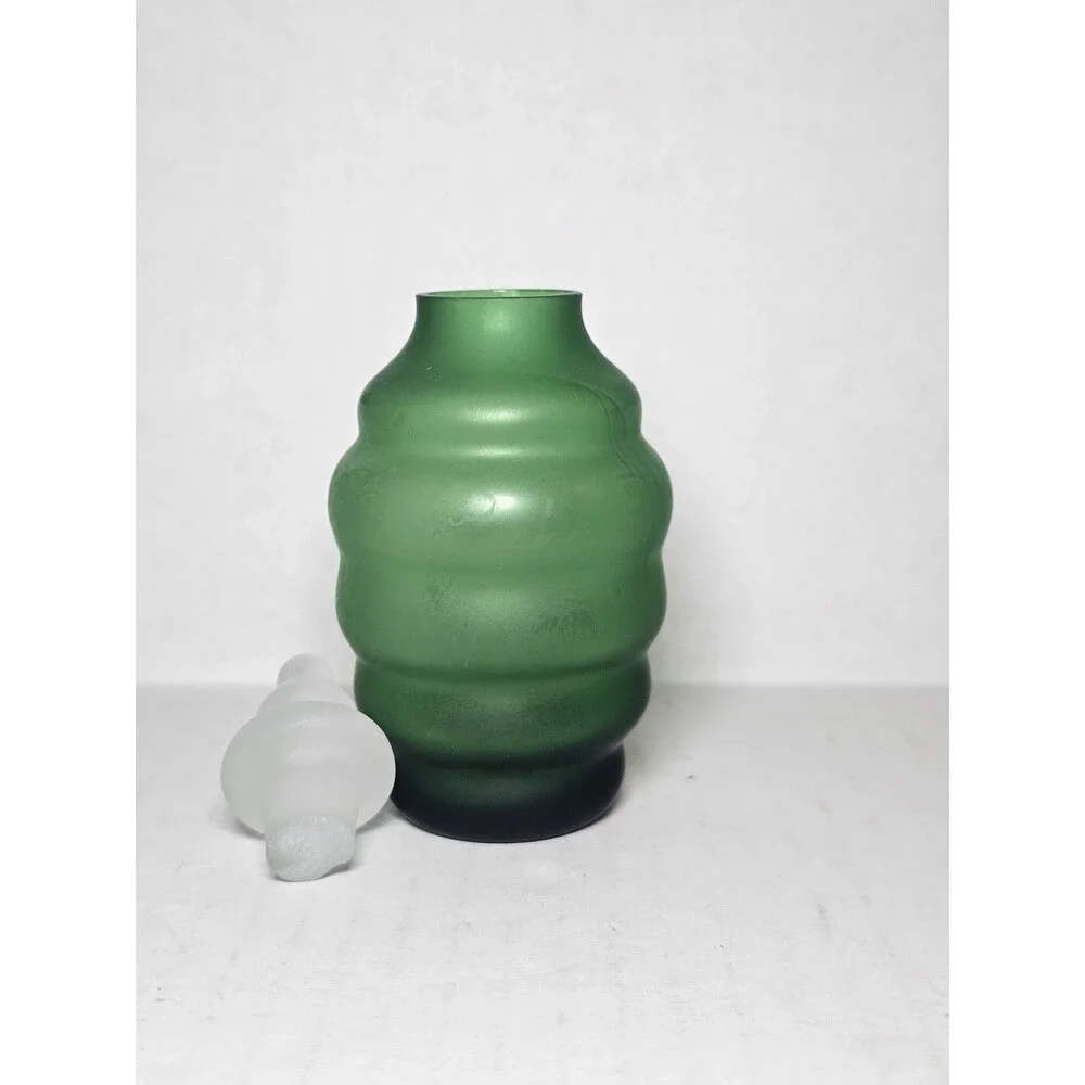 Set Of 2 Green Glass Apothecary Jars Ribbed Frosted